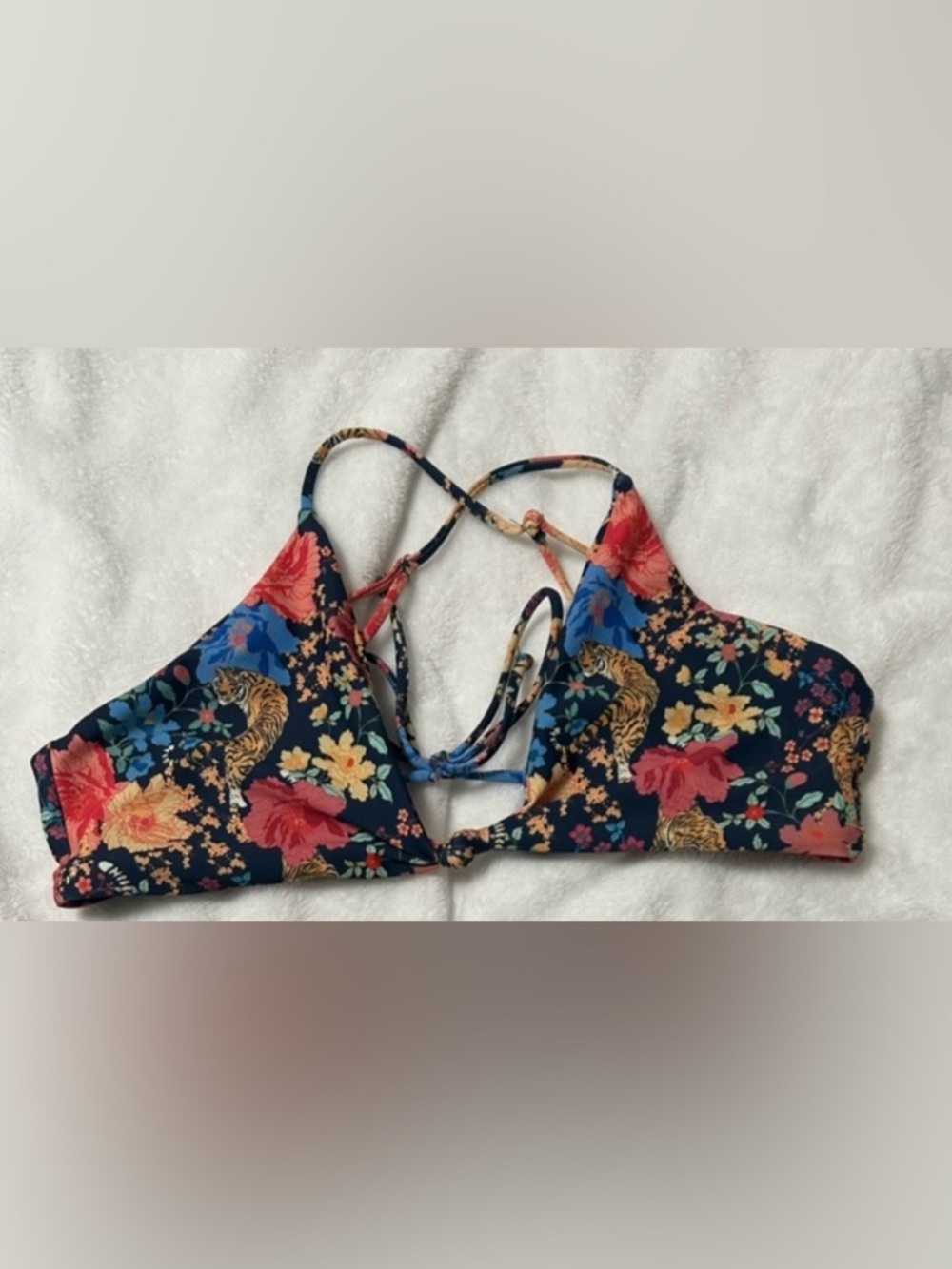 Skatie Floral Tiger Print Strappy Bikini Top - Navy Multi